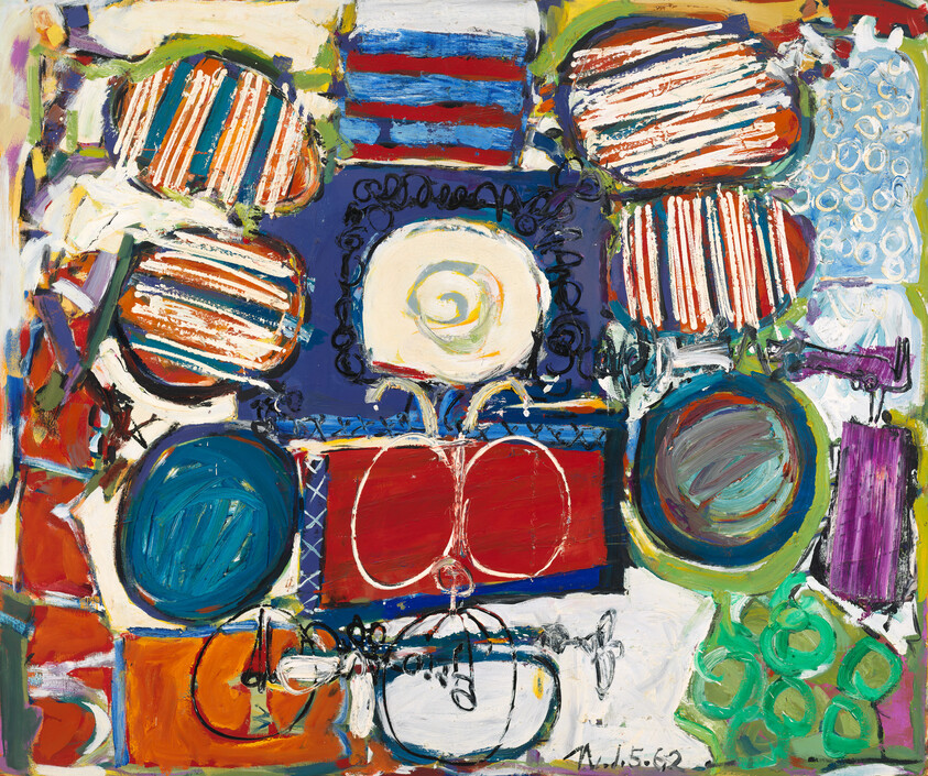 A vibrant and colorful abstract painting featuring a variety of shapes and patterns, including stripes, spirals, and grids, with a dynamic composition of overlapping and juxtaposed elements. The artwork is rich in texture and uses a bold palette of reds, blues, greens, and oranges, with visible brushstrokes and paint layering.