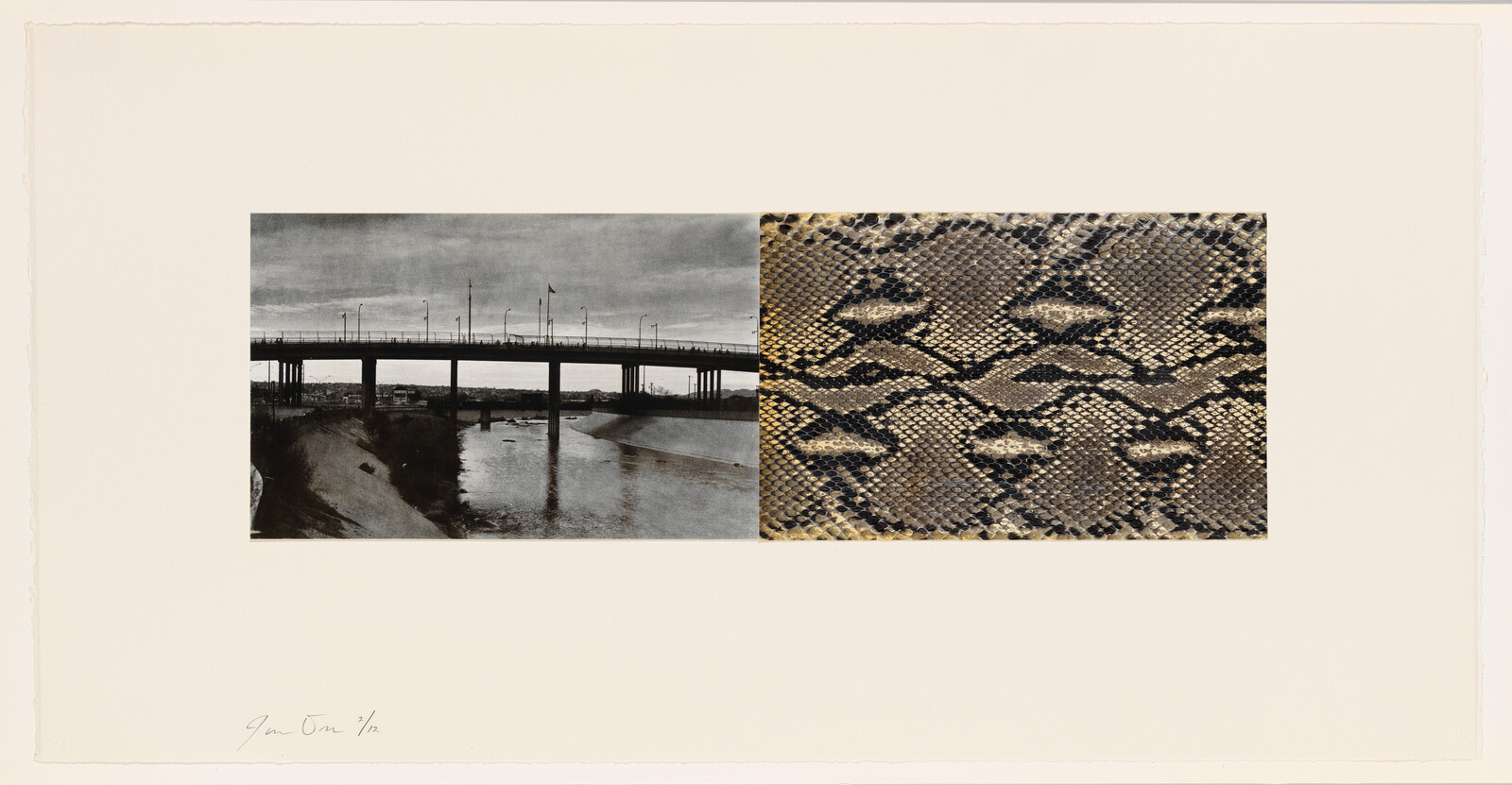 A mixed media artwork featuring two contrasting images: on the left, a black and white photograph of a bridge over a body of water with a cloudy sky above, and on the right, a close-up of a textured surface resembling snake skin in shades of brown and black. The piece is signed and numbered on the bottom left.