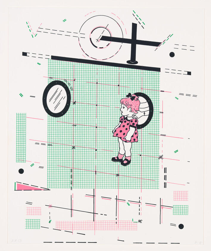 A small girl in a pink polka-dot dress stands against a green grid with circular windows.