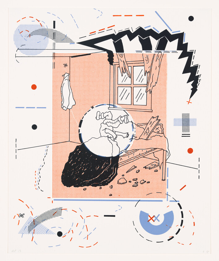 A stylized room scene shows a collapsed figure over a globe with broken floor and window.