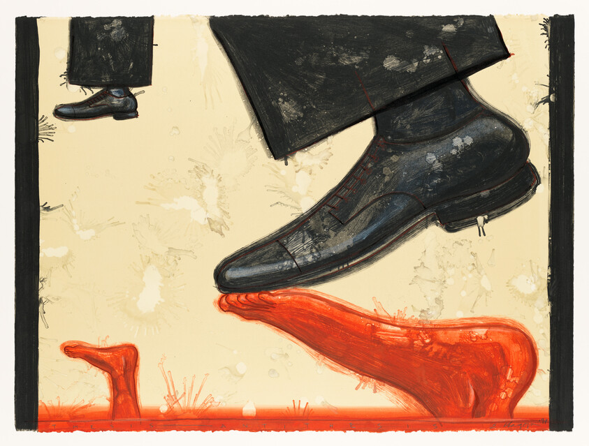 Illustration of a black shoe stepping into red paint, with a red footprint and splatters on a cream background.