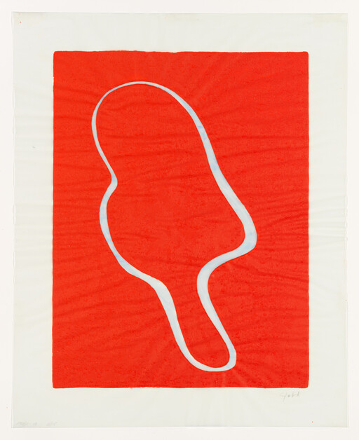 Bright red rectangle with a white irregular looped outline resembling a stylized paddle or bean.
