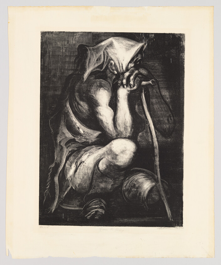 Hunched cloaked figure sitting on the ground, hiding face with hands and leaning on a staff.