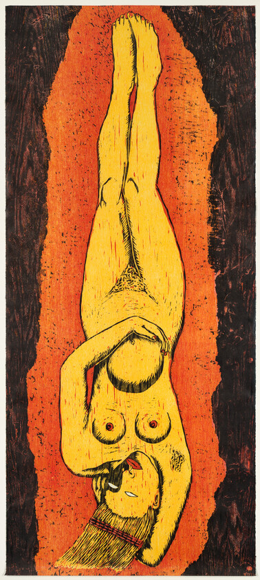 Nude woman lying on her back with arms folded over her chest against an orange background.