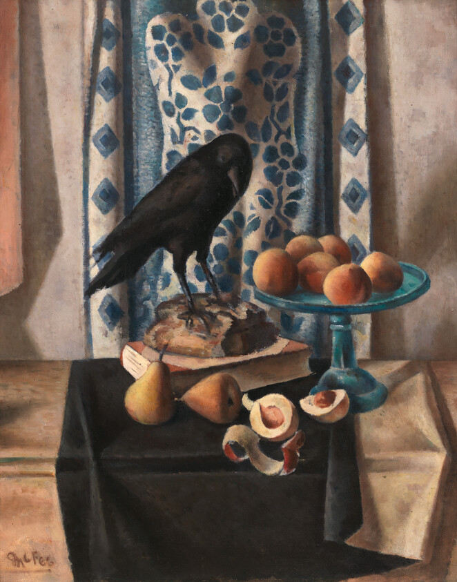 A black crow stands on a loaf beside pears and peeled peaches on a table.