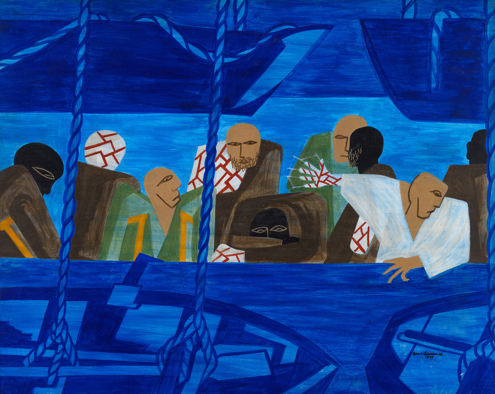People in a boat with blue ropes, wearing patterned clothing, appear thoughtful and somber.