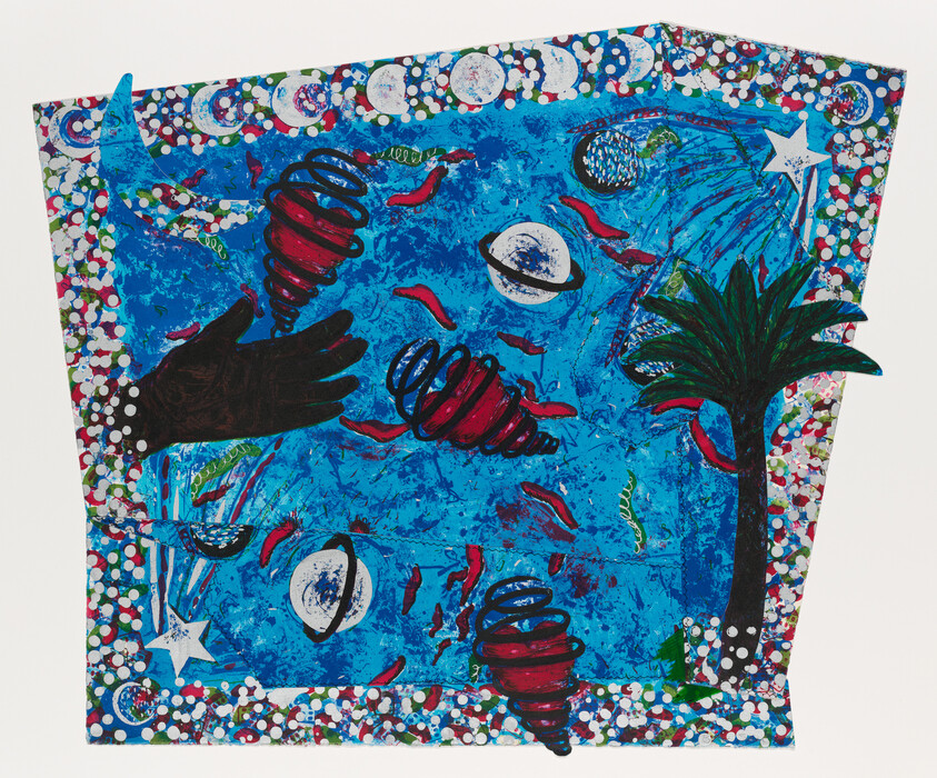 A vibrant and abstract collage featuring a predominantly blue background with various elements such as a dark brown handprint, red spiral shapes, a green palm tree, and scattered motifs including eyes, stars, and circular patterns in multiple colors. The edges of the artwork are irregular, with confetti-like dots framing the composition.