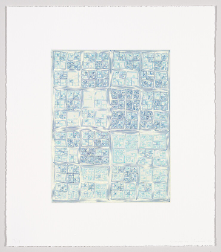 A centered grid of pale blue-green nested squares forming repeated intricate tile-like patterns on white.