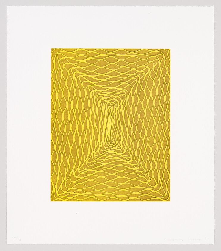 Yellow woven geometric pattern forms a tunnel-like optical illusion centered on white paper.