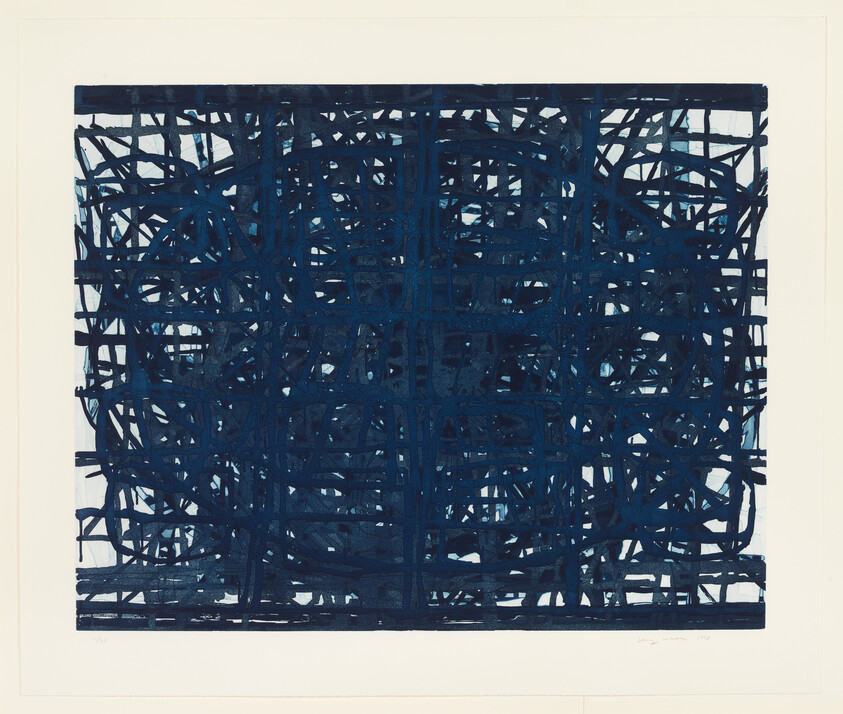 Dense dark blue grid of overlapping brushstrokes forming a tangled square on a white background.