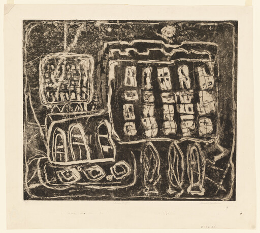 Abstract black-and-white print showing a grid of windows, arched doorways, and rounded shapes.