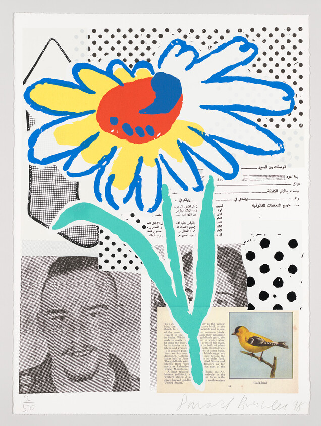 A colorful mixed media artwork featuring a large, abstract flower with a red and blue center and yellow petals outlined in blue, set against a background of various printed materials including text in Arabic, a halftone image of a man's face, and a picture of a goldfinch. The flower's stem is painted in bright teal, and there are black polka dots on the upper right. The piece is signed and numbered at the bottom.