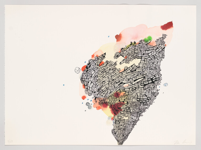 A dense cluster of hand-drawn tiny buildings forms a map-like shape with watercolor splashes.