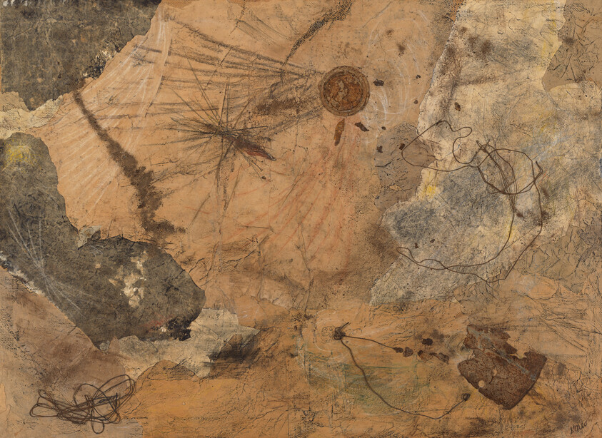 An abstract worn paper collage with brown stains, ink scribbles, circular marks, and tangled string lines.