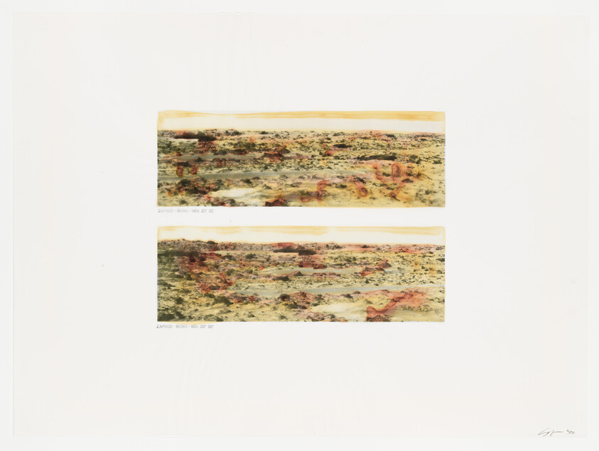 Two narrow horizontal landscape prints showing a sandy, rocky shoreline with muted colors.