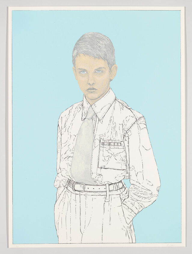 Illustration of a young person with short hair, wearing a buttoned-up shirt and trousers with a belt, standing against a light blue background. The image has a sketched, incomplete look with some color details on a predominantly white figure.