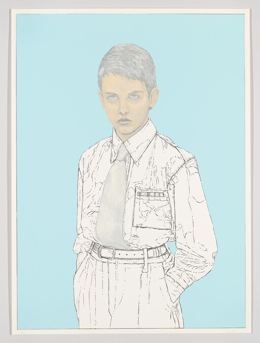 Young person in a dress shirt and tie standing with hands in pockets against a blue background.