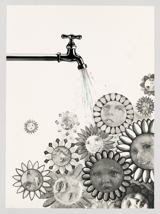 A faucet sprinkles water over a cluster of flowers with human faces.