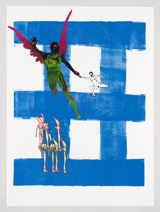A large colorful winged figure reaches out and holds a small person's hand above acrobats.