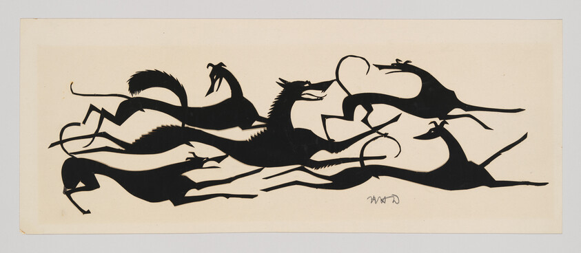 Several elongated black animals galloping rapidly across a pale background in a row.