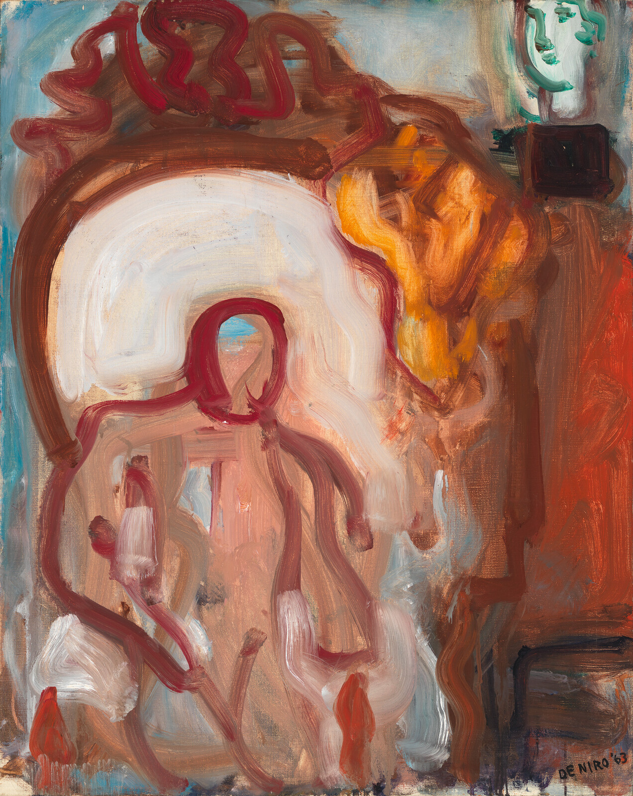 Abstract painting with a large white arch and red-brown brushstrokes suggesting a seated figure.
