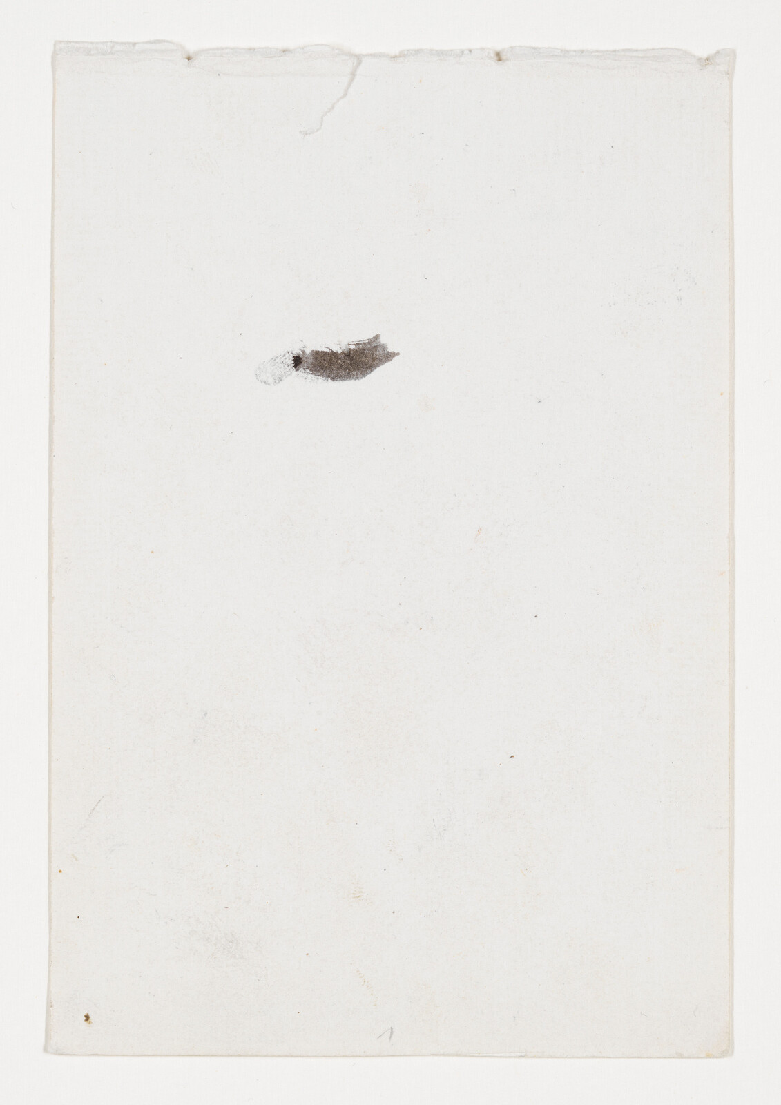 A mostly blank sheet of paper with a small dark ink smudge near the top center.