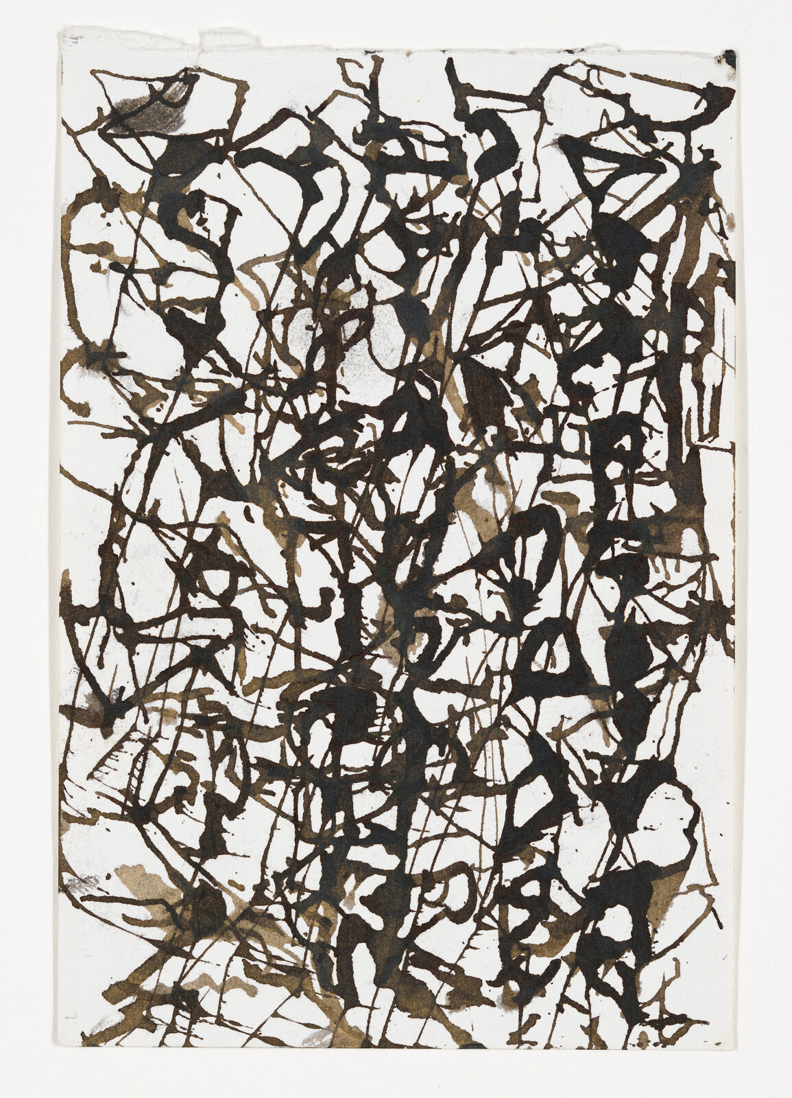 Chaotic black and brown ink lines and splatters forming an abstract tangled pattern on white.