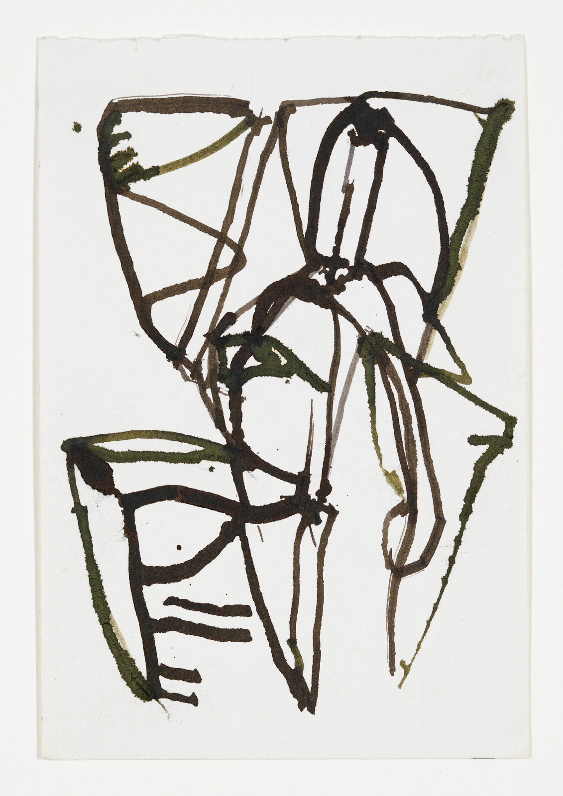 Abstract ink sketch with dark brown and green lines forming angular, overlapping shapes on white paper.