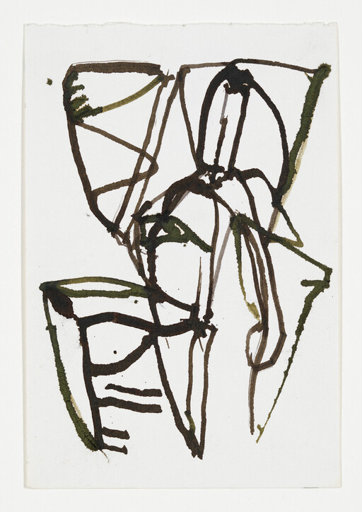 Abstract ink sketch with dark brown and green lines forming angular, overlapping shapes on white paper.