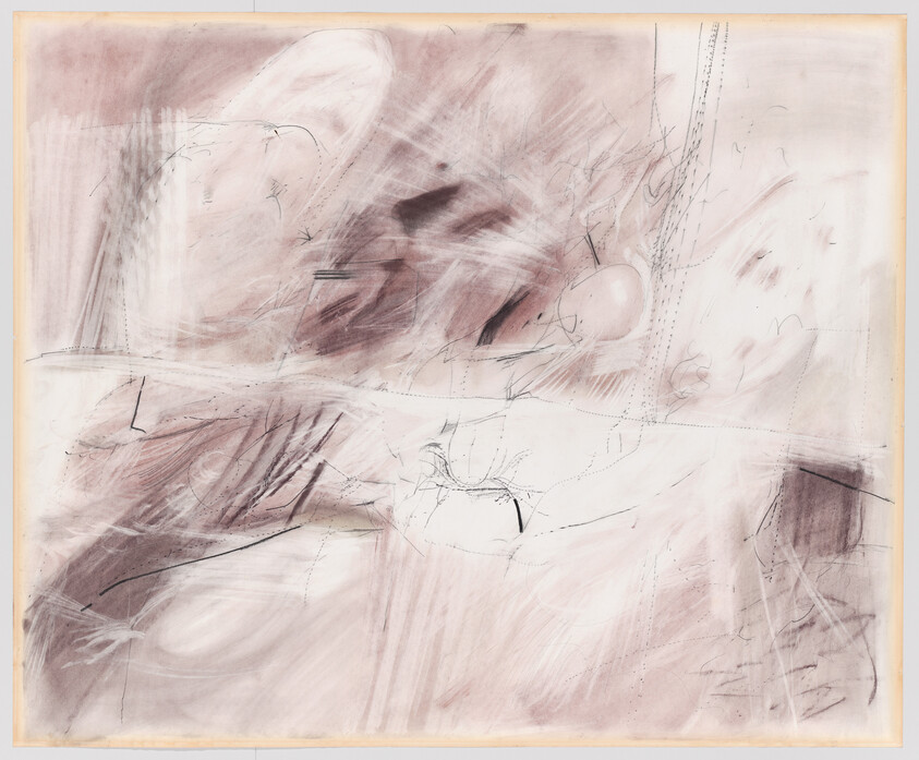 An abstract drawing with soft pink and brown hues, featuring a variety of lines and marks that create a sense of movement and texture. The artwork is framed with a light border, giving it a finished look.