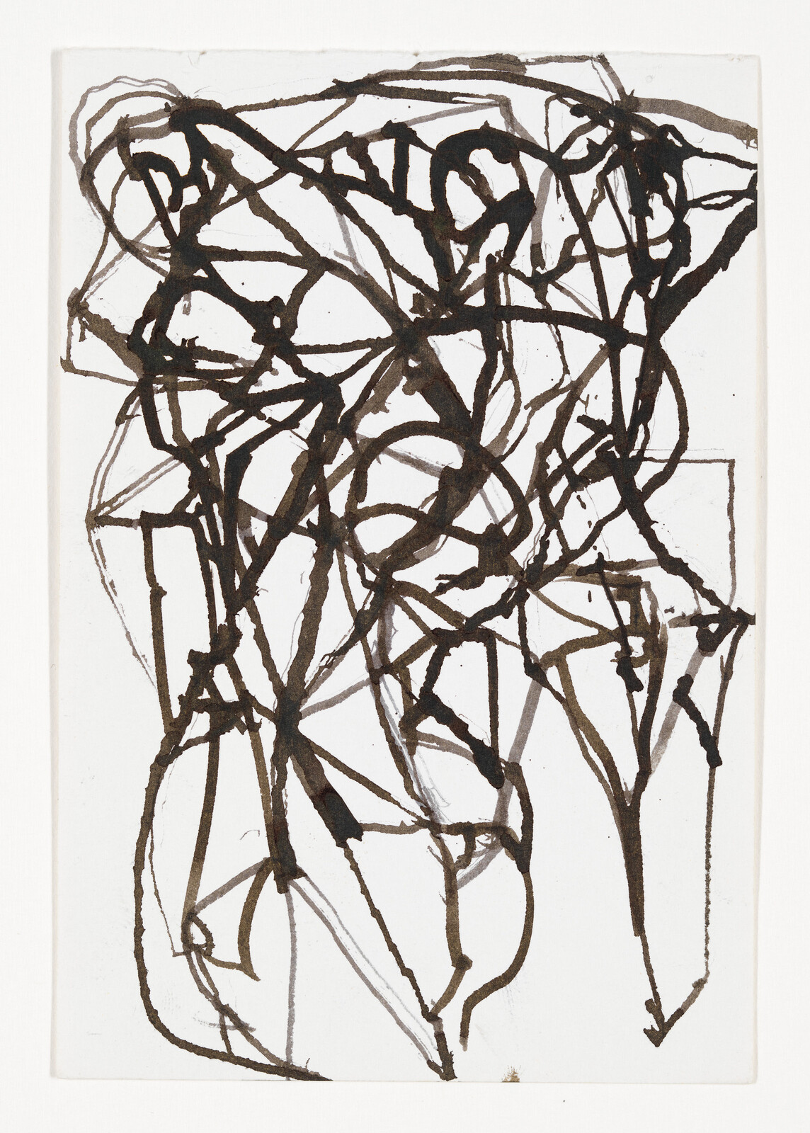 Tangled black ink lines form an abstract, chaotic network across a white sheet of paper.