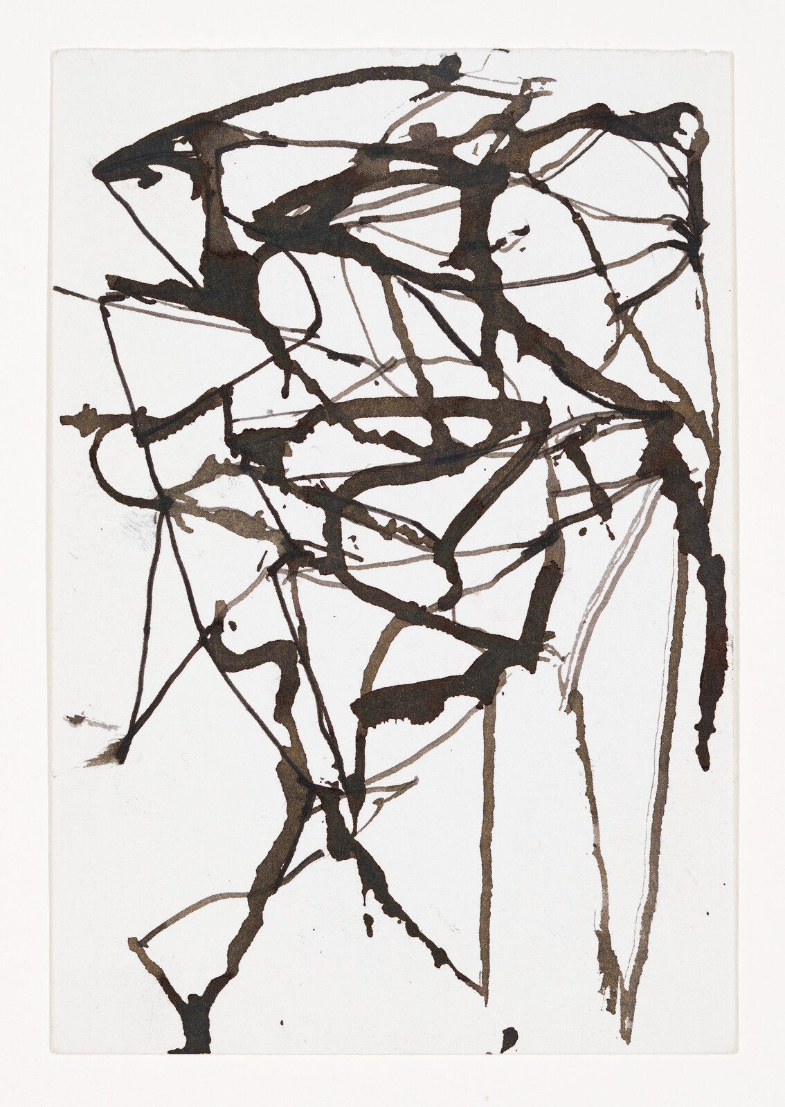 Black ink drips and tangled lines spread across a white paper in an abstract pattern.