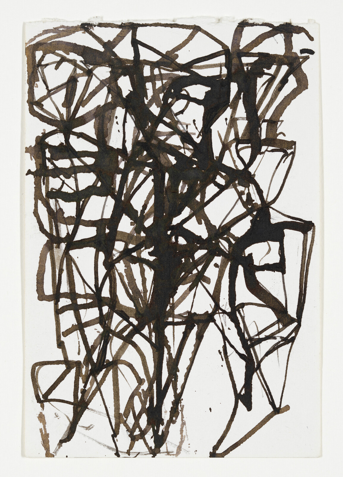 Dense black ink lines crisscross across white paper forming a chaotic abstract pattern.