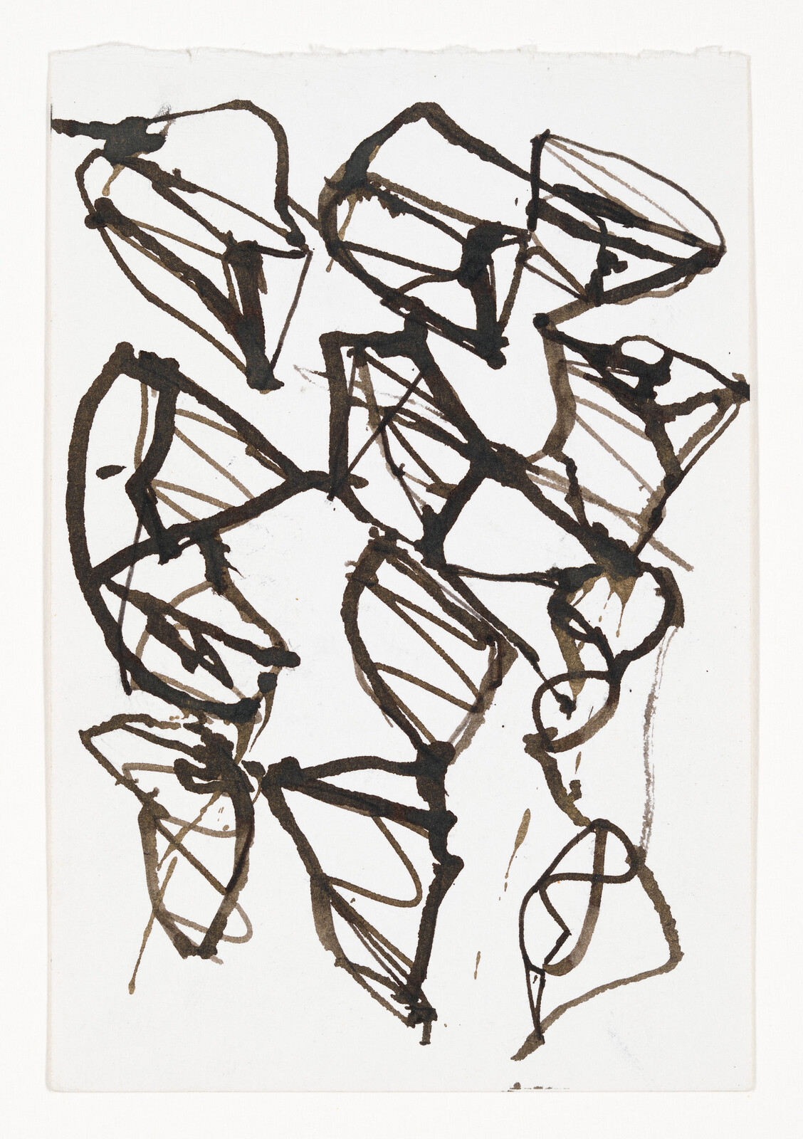 Loose black ink sketches of overlapping leaf-like triangular shapes on white paper.