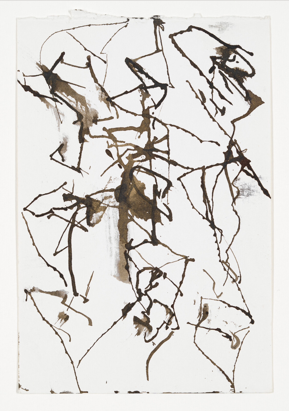 Loose dark ink lines and splatters form abstract, tangled shapes across a white sheet.