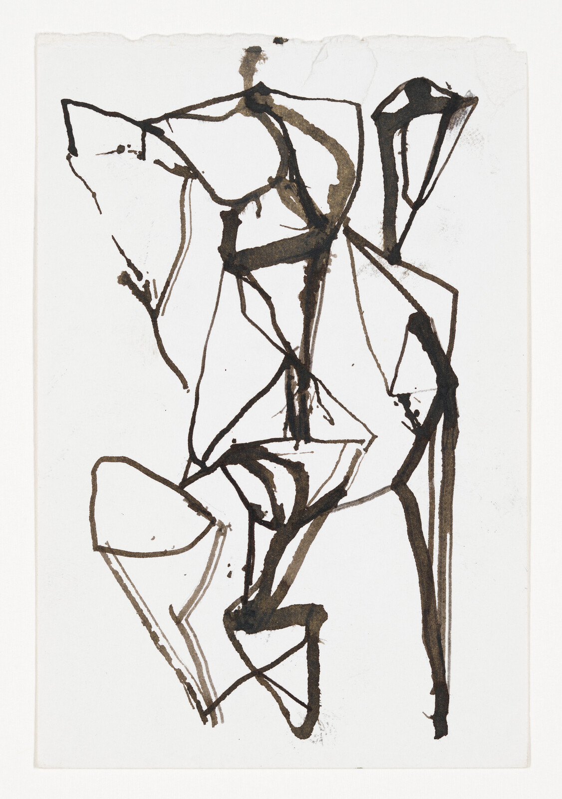 Abstract black ink drawing with angular, overlapping lines and shapes on white paper.