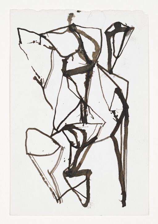 Abstract black ink drawing with angular, overlapping lines and shapes on white paper.