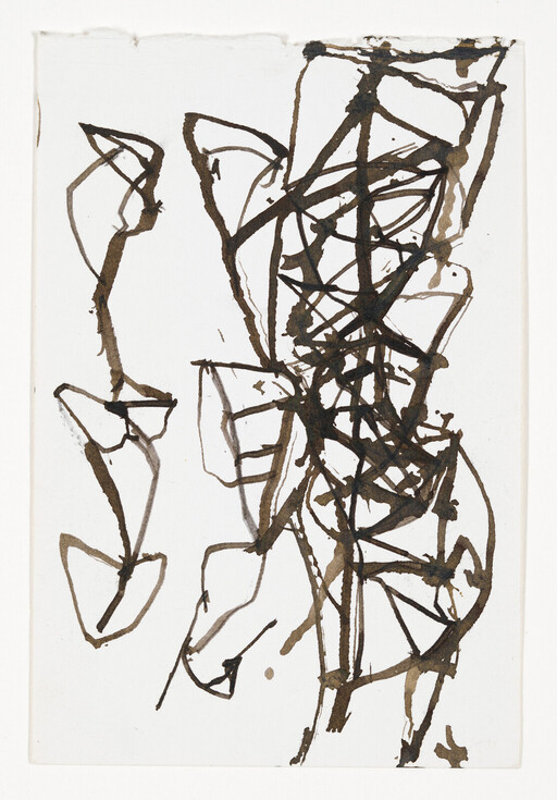 Dark brown ink scribbles form a dense central tangle with leaf-like shapes along the left side.