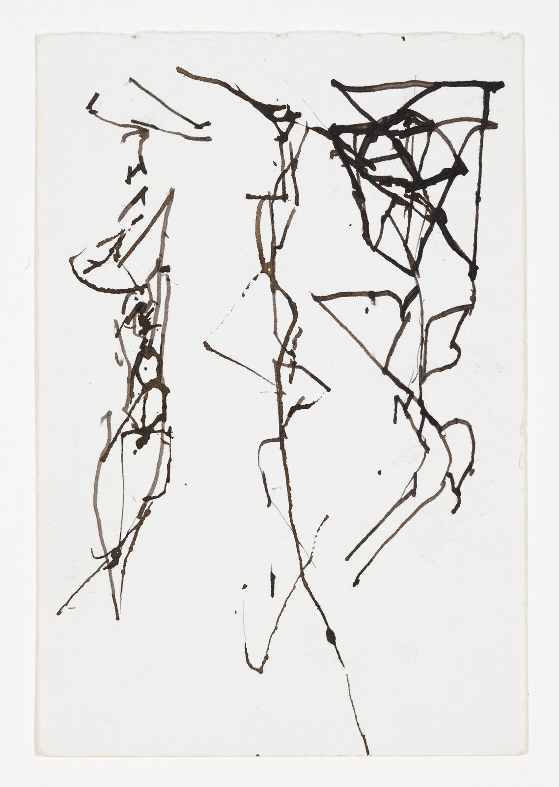 Abstract black ink sketch showing three vertical looping lines and scattered marks on white paper.