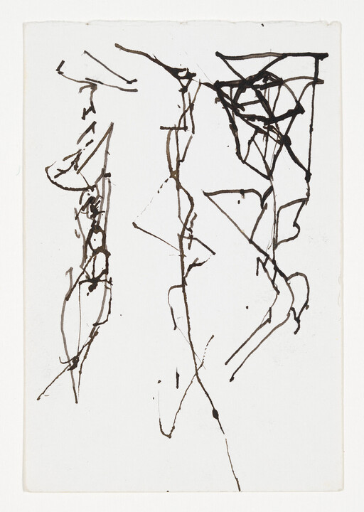 Abstract black ink sketch showing three vertical looping lines and scattered marks on white paper.