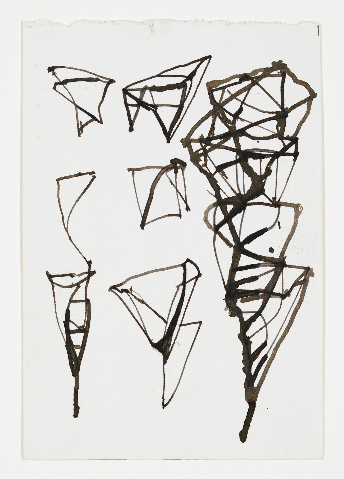 Loose black ink sketches of triangular and cone-like geometric shapes on white paper.