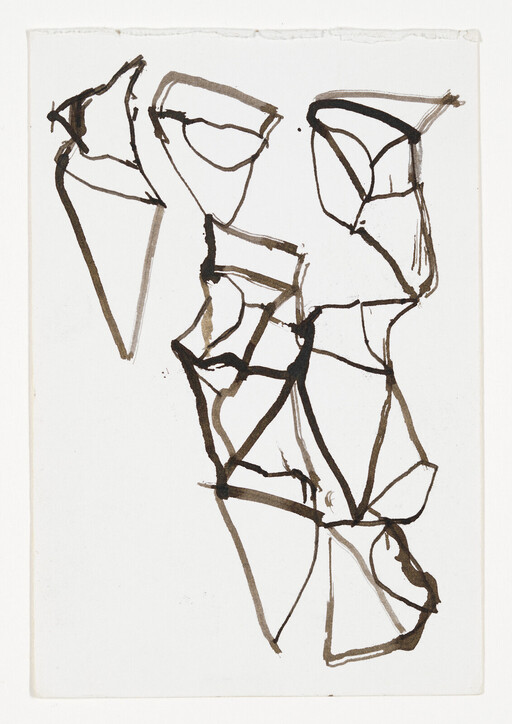 Loose black ink lines form angular, fragmented mask-like shapes across a white sheet of paper.