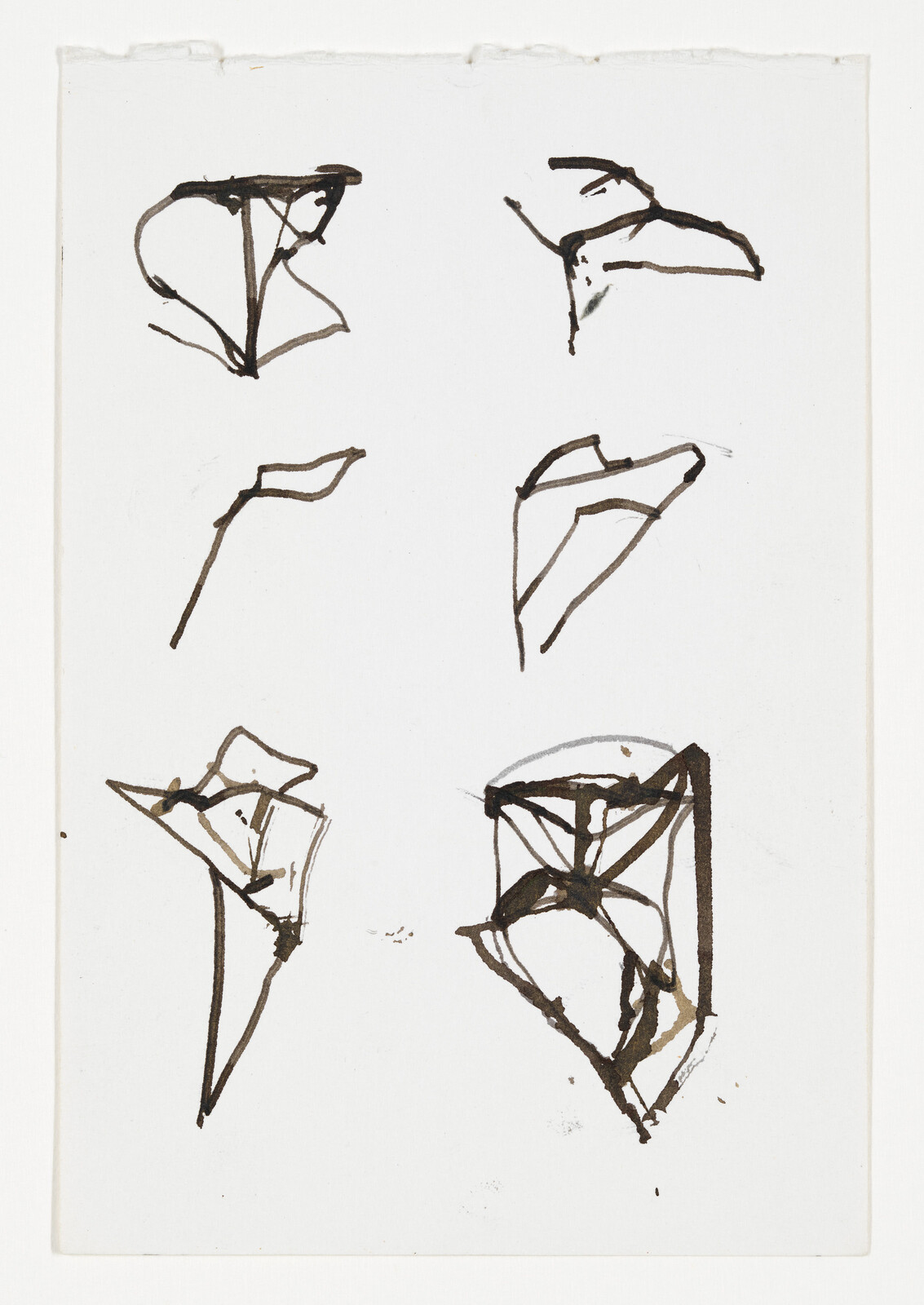 Six quick black ink sketches of abstract triangular shapes arranged in two columns on white paper.