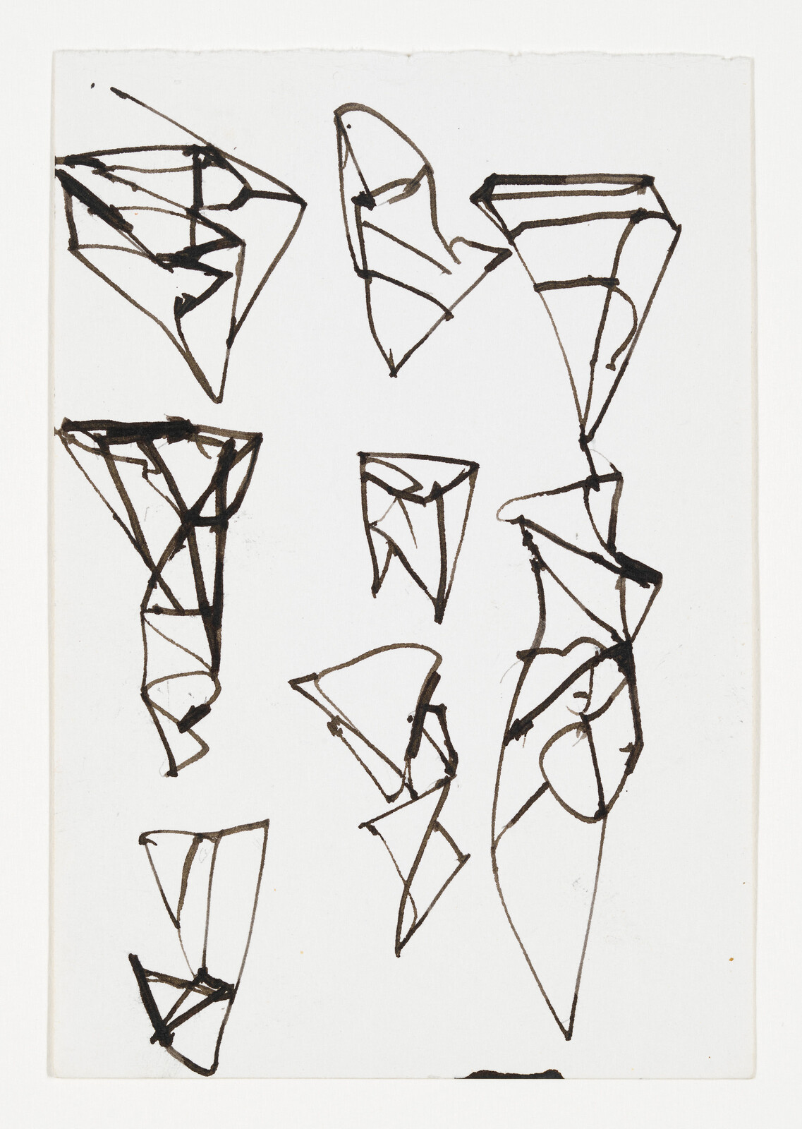Loose ink sketches of nine abstract triangular shapes scattered on a white sheet of paper.