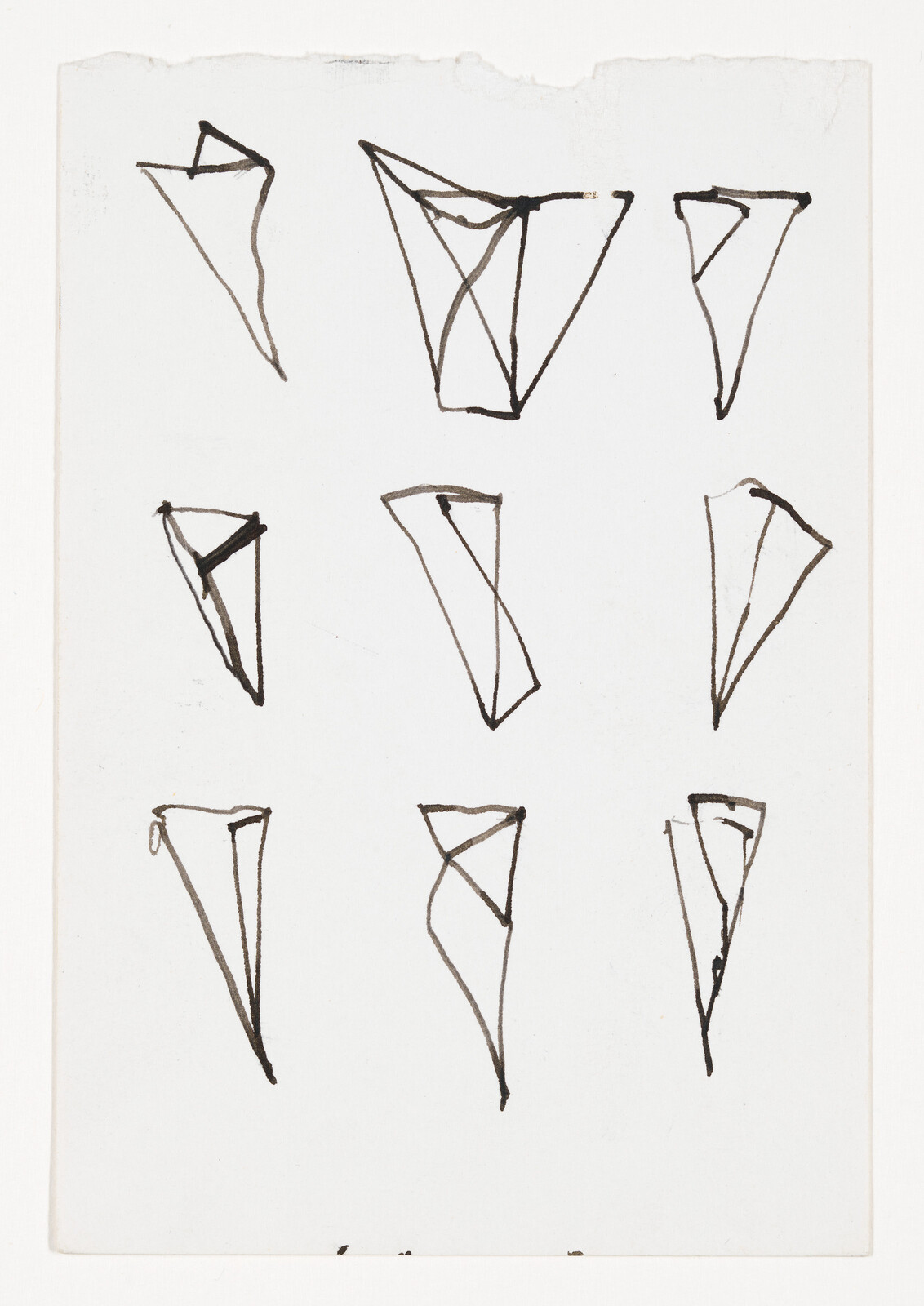 Sheet of paper with nine small abstract triangular ink sketches arranged in three rows.