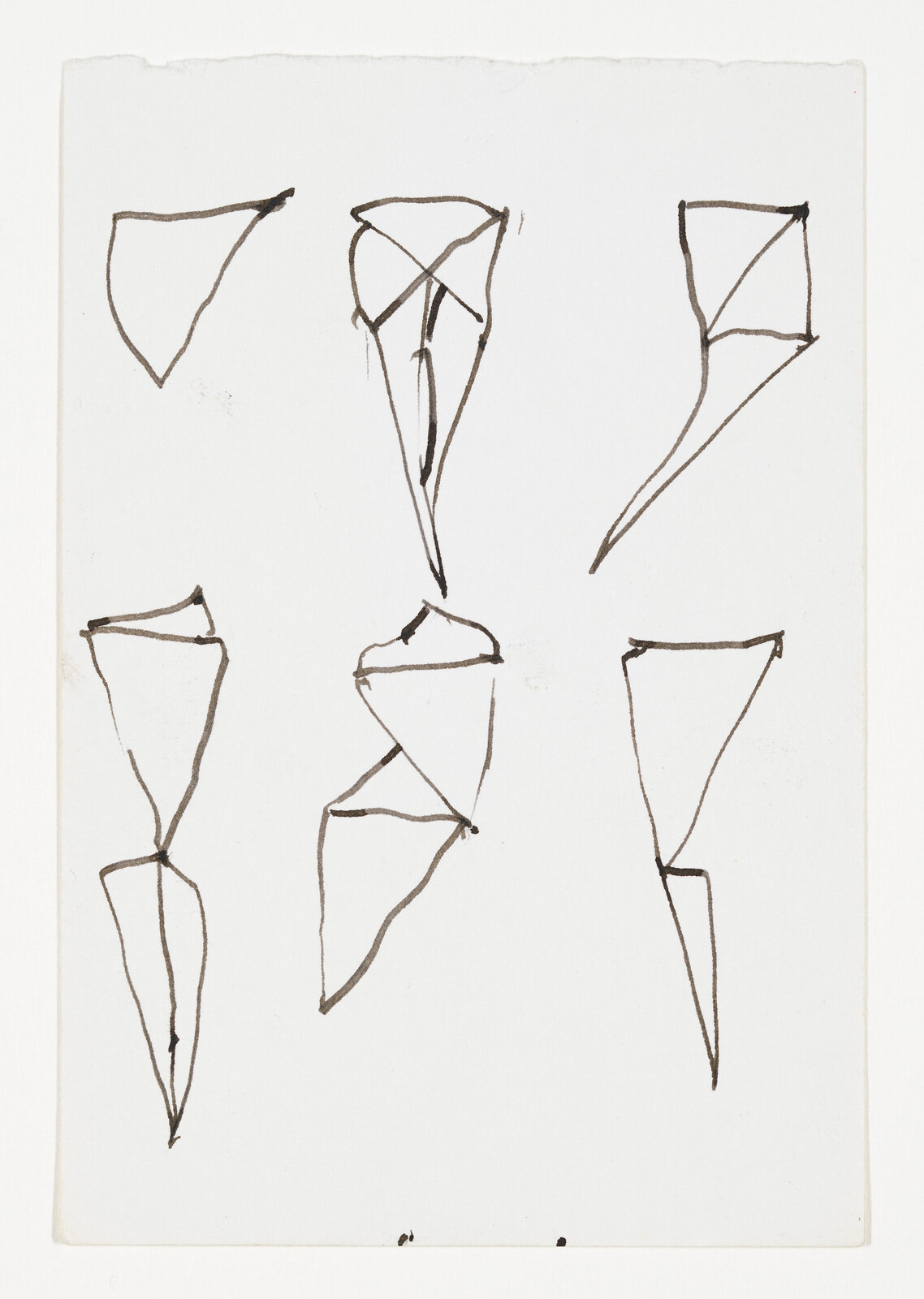 Six quick ink sketches of elongated triangular kite shapes arranged in two loose columns.