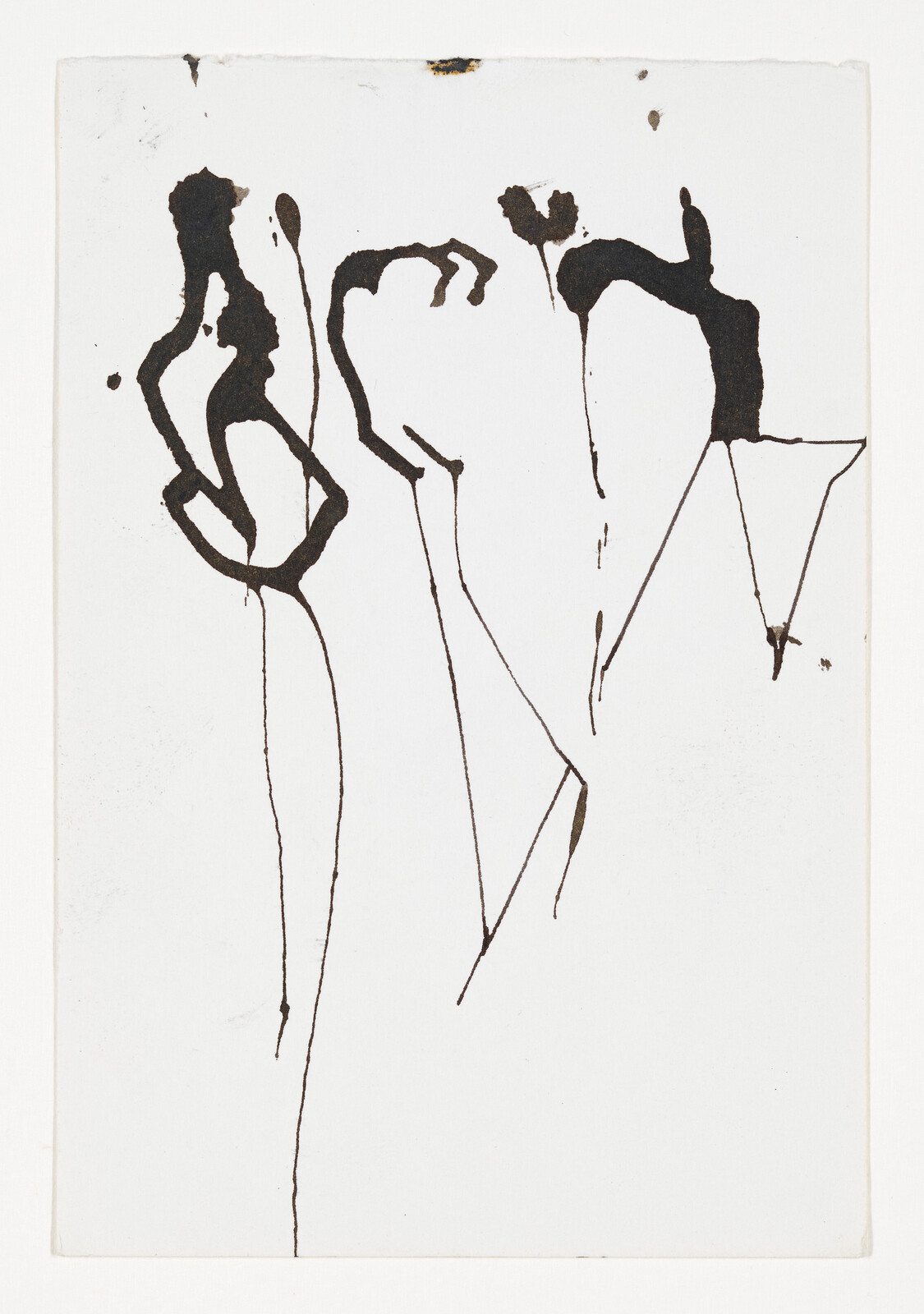 Three tall, thin abstract figures formed by black ink drips on white paper.