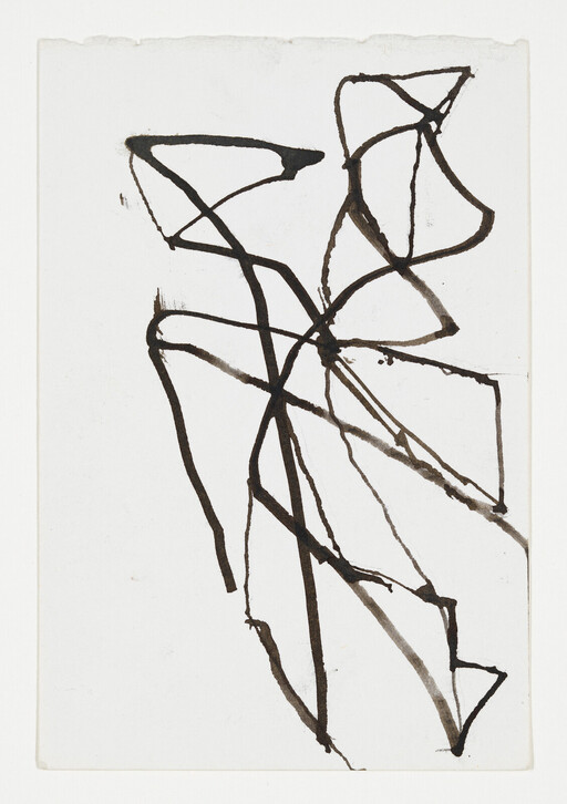 Black ink lines crisscross and loop across a white sheet, forming abstract angular shapes.