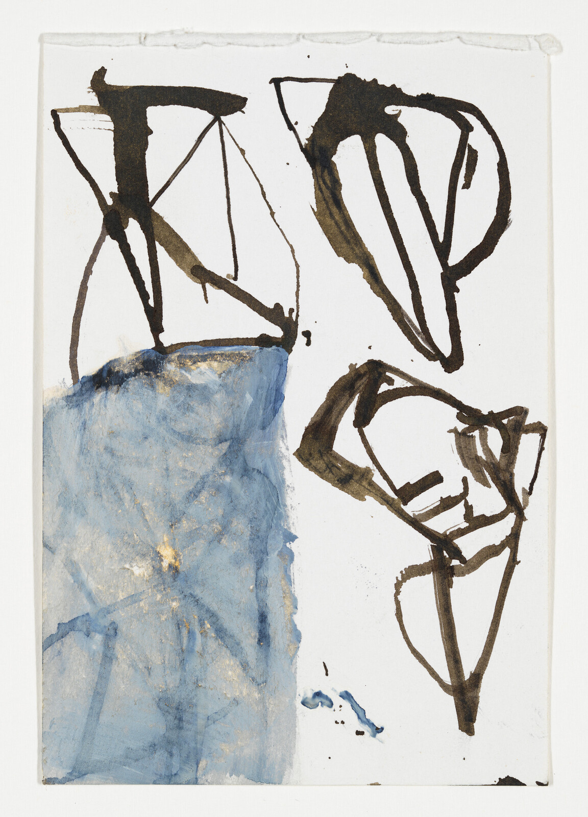 Abstract painting with bold brown ink loops on the right and a textured blue wash on the left.