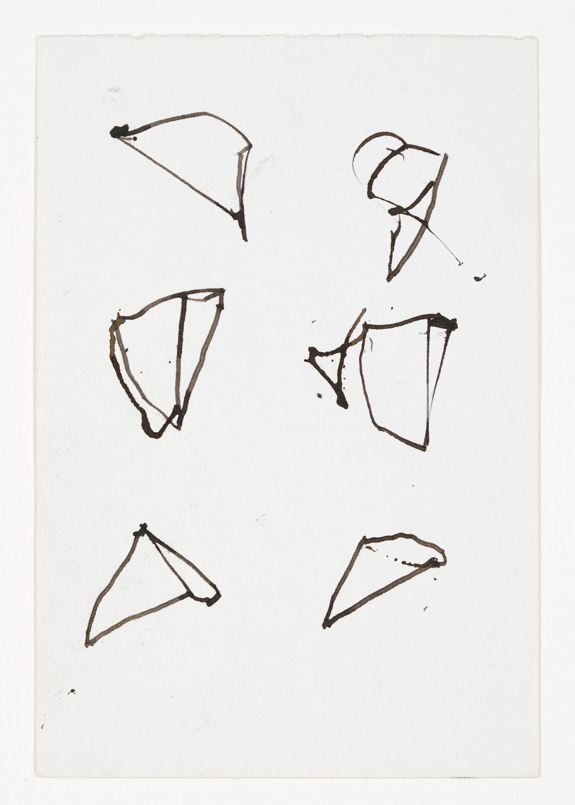 Six quick ink sketches of triangular cone shapes arranged in three rows on white paper.